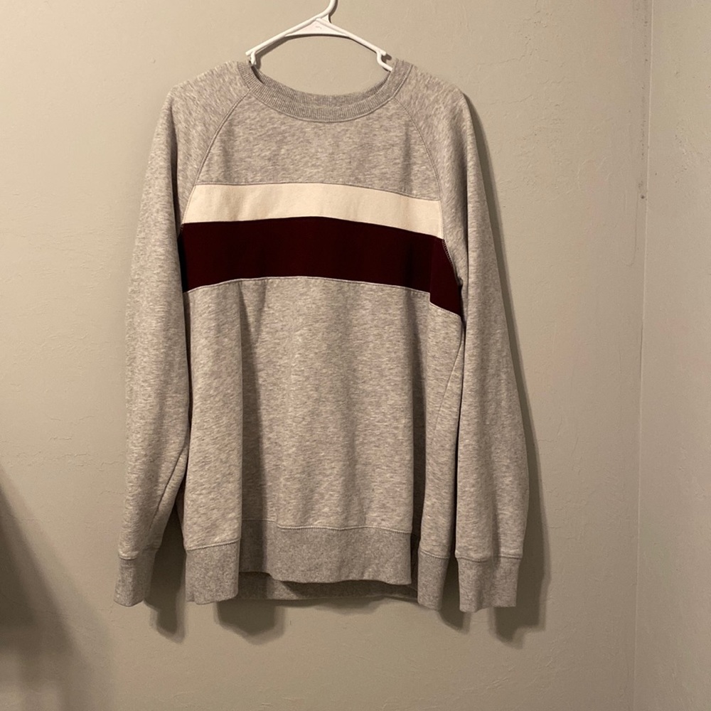 Grey with red and white stripes goodfellow & co crewneck sweatshirt.